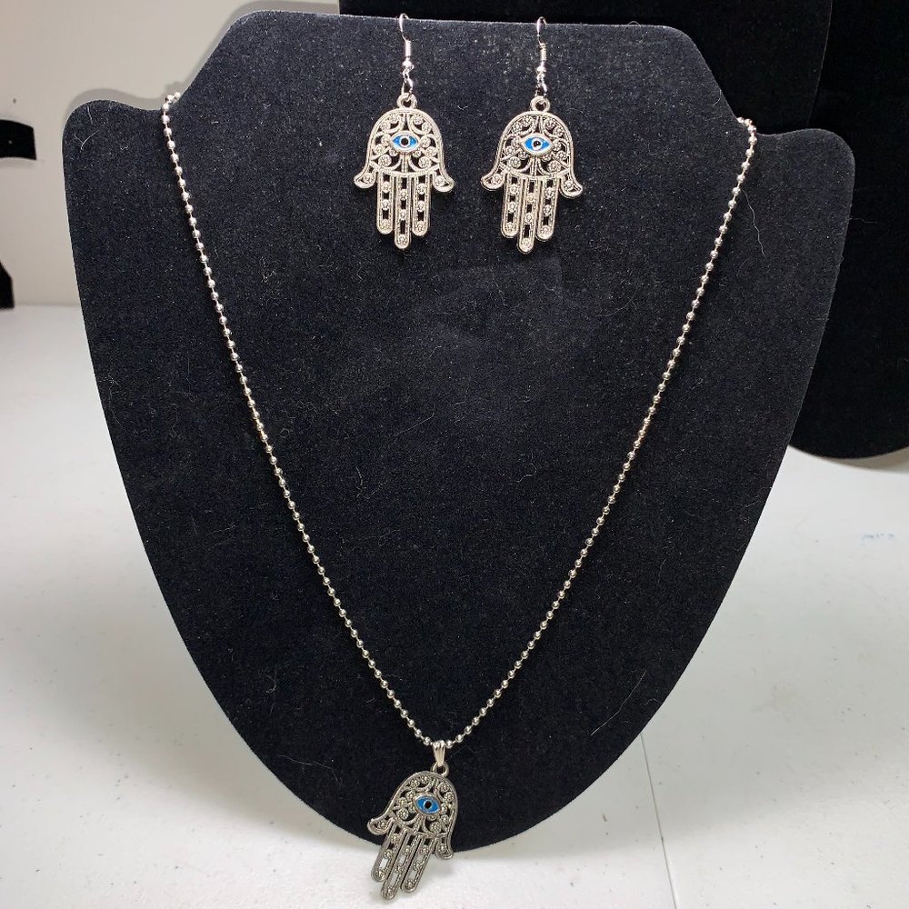 28" Ball Chain Necklace with Hamsa Pendant and Matching earrings, set
